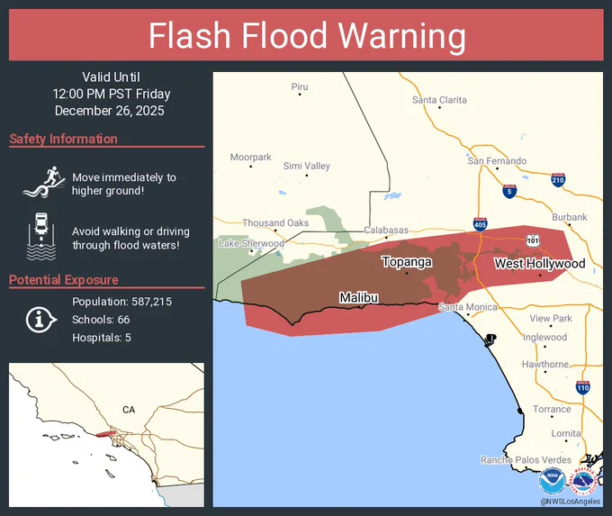 This graphic displays a flash flood warning plotted on a map. The warning is in effect until 12:00 PM PST. The warning includes West Hollywood CA, Malibu CA and Topanga CA.  This warning is for The Santa Monica Mountains and Foothills from the Malibu Area to Hollywood of Southwestern Los Angeles County in southwestern California. Avoid walking or driving through flood waters! Move immediately to higher ground! There are 587,215 people in the warning along with 66 schools and 5 hospitals.