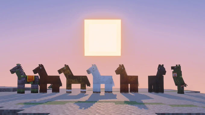 太陽を背にマインクラフトの様々なウマたちと並んで、ゾンビホース・ワンジーを着ている新年のお祝いの画像。