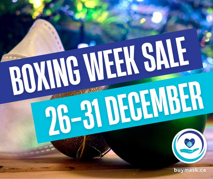 Close up photo of a white N95 respirator mask and two Christmas tree ornaments on the ground at the base of a tree with lights on. 
"Boxing Week Sale - 26-31 December - buymask.ca"