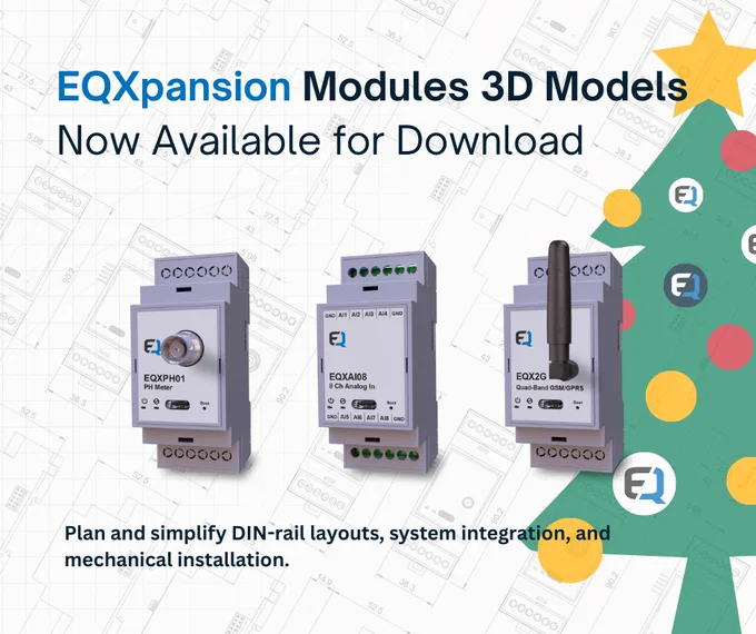 Image showing three EQSP32 expansion modules displayed side by side on a light technical blueprint background, representing downloadable 3D CAD models for mechanical design and DIN-rail planning. The modules include the EQXPH01 pH meter expansion module, the EQXAI08 8-channel analog input expansion module, and the EQX2G quad-band GSM/GPRS cellular expansion module. Each module is housed in a compact DIN-rail enclosure with front-facing connectors and status indicators. The image highlights the availability of EQSP32 expansion module 3D models to support system integration, DIN-rail layout planning, enclosure design, and mechanical installation in industrial automation and IoT applications.