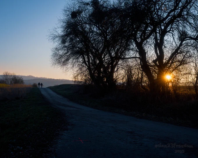 Two silhouetted figures walk along a winding rural path at sunset, one carrying a branch, with leafless trees and a red "X" marked on the pavement.
—
Branch bearer wanders,  
  Sun dips behind silent trees.