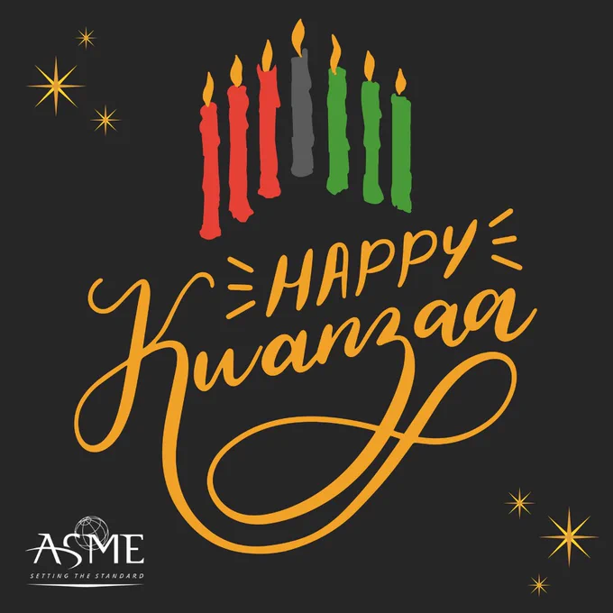 Logo of ASME with an illustration featuring seven candles in traditional Kwanzaa colors above the greeting "Happy Kwanzaa" in stylized yellow text, surrounded by small yellow stars on a black background.