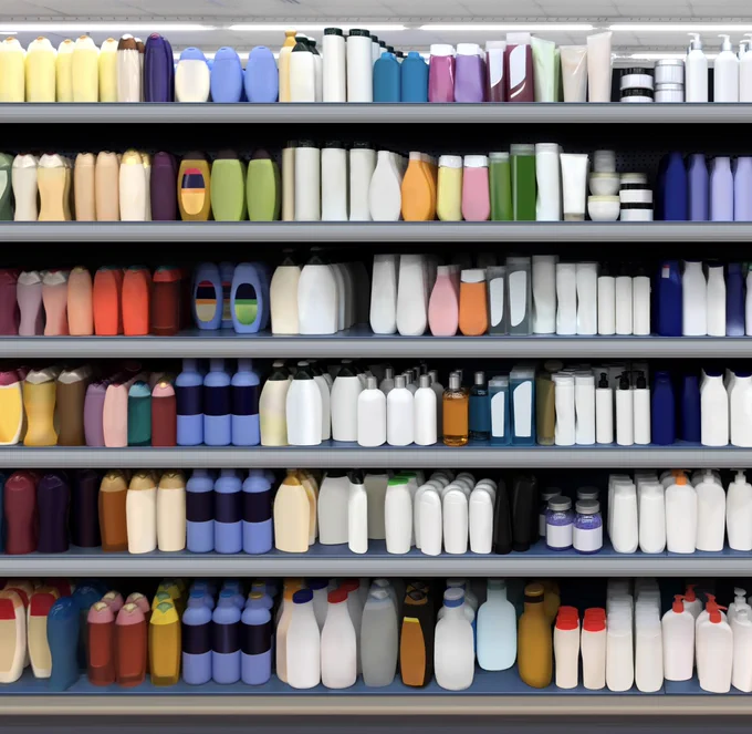 Supermarket aisle filled with colorful, brandless bottles of personal care and household products.

https://stock.adobe.com/contributor/211338080/Whatson

#supermarket #retailaisle #storeinterior #productdisplay #shelves #householdproducts #personalcare #brandless #mockup #packagingdesign #retaildesign