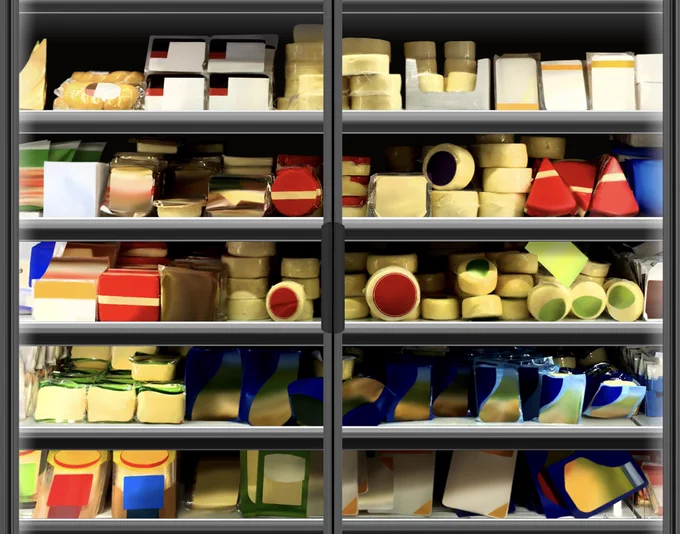 Refrigerated display filled with assorted cheeses and dairy products in colorful, brandless packaging.

https://www.istockphoto.com/portfolio/Pandza?mediatype=photography

#supermarket #cheesefridge #dairysection #retaildisplay #refrigerated #brandless #packagingdesign #foodmockup #storeinterior #groceryshopping