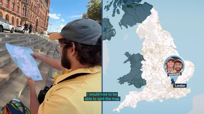 screenshot from ‘Jet Lag the Game’: Ben Doyle says ‘I would love to be able to split the map’ while a map of the UK shows him and Sam Denby in London