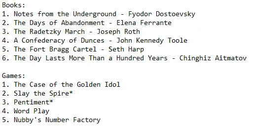 Books:
1. Notes from the Underground - Fyodor Dostoevsky
2. The Days of Abandonment - Elena Ferrante
3. The Radetzky March - Joseph Roth
4. A Confederacy of Dunces - John Kennedy Toole
5. The Fort Bragg Cartel - Seth Harp
6. The Day Lasts More Than a Hundred Years - Chinghiz Aitmatov

Games:
1. The Case of the Golden Idol
2. Slay the Spire*
3. Pentiment*
4. Word Play
5. Nubby's Number Factory