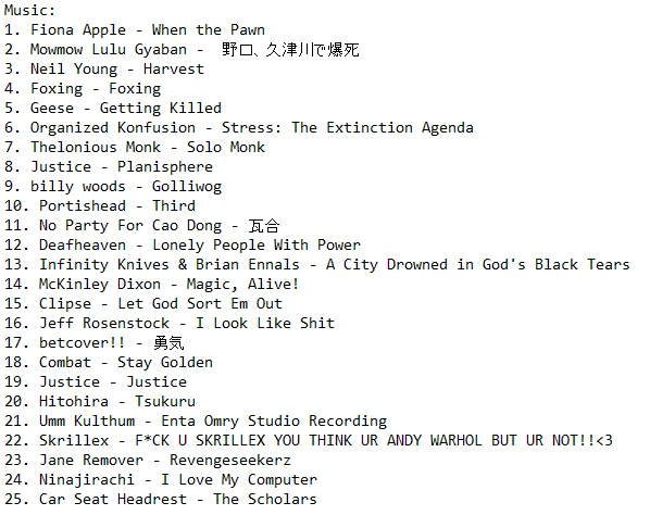 Music:
1. Fiona Apple - When the Pawn
2. Mowmow Lulu Gyaban -  野口、久津川で爆死
3. Neil Young - Harvest
4. Foxing - Foxing 
5. Geese - Getting Killed
6. Organized Konfusion - Stress: The Extinction Agenda
7. Thelonious Monk - Solo Monk
8. Justice - Planisphere
9. billy woods - Golliwog
10. Portishead - Third
11. No Party For Cao Dong - 瓦合
12. Deafheaven - Lonely People With Power
13. Infinity Knives & Brian Ennals - A City Drowned in God's Black Tears
14. McKinley Dixon - Magic, Alive!
15. Clipse - Let God Sort Em Out
16. Jeff Rosenstock - I Look Like Shit
17. betcover!! - 勇気
18. Combat - Stay Golden
19. Justice - Justice
20. Hitohira - Tsukuru
21. Umm Kulthum - Enta Omry Studio Recording
22. Skrillex - F*CK U SKRILLEX YOU THINK UR ANDY WARHOL BUT UR NOT!!<3
23. Jane Remover - Revengeseekerz
24. Ninajirachi - I Love My Computer
25. Car Seat Headrest - The Scholars