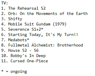 
TV:
1. The Rehearsal S2
2. Orb: On the Movements of the Earth
3. Shifty
4. Mobile Suit Gundam (1979)
5. Severence S1 2*
6. Starting Today, It's My Turn!!
7. Medabots*
8. Fullmetal Alchemist: Brotherhood
9. House S2 - S6
10. Bobby's In Deep
11. Cursed One-Piece

* = ongoing