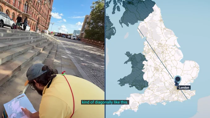 screenshot from ‘Jet Lag the Game’: Ben Doyle says ‘kind of diagonally like this.’ while a map of the UK shows him and Sam Denby in London and a diagonal line through England splitting it into a south-and-west side and a north-and-east side