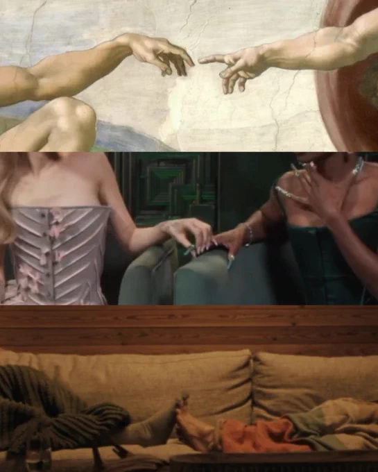 1. the creation of adam
2. ariana grande holding cynthia erivo's finger
3. shane and ilya touching toes in the heated rivalry s1 finale