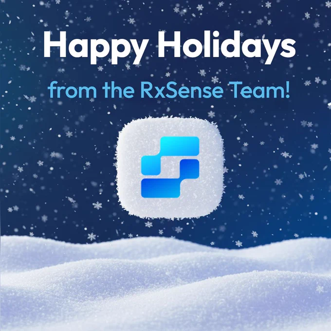 An RxSense holiday illustrated graphic showcasing the brand logo, snow, and image copy reading 'Happy Holidays from the RxSense Team!' 