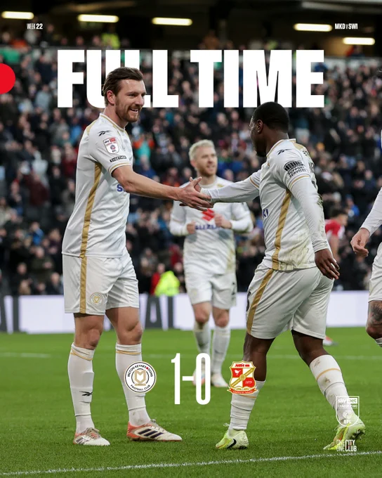 Full-time graphic featuring an image of Alex Gilbey and Aaron Nemane celebrating. MK Dons 1-0 Swindon Town.