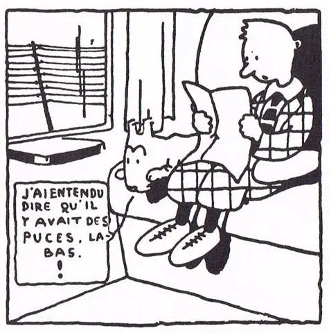 Black-and-white early Tintin comic panel in French showing Tintin and Snowy (Milou in French) seated in a train compartment, Tintin reading a newspaper while Snowy says "I heard there are fleas there."