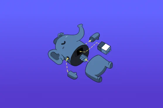 A cartoon Mastodon mascot being assembled