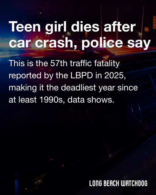 Teen girl dies after car crash, police say.
This is the 57th traffic fatality reported by the LBPD in 2025, making it the deadliest year since at least 1990s, data shows.