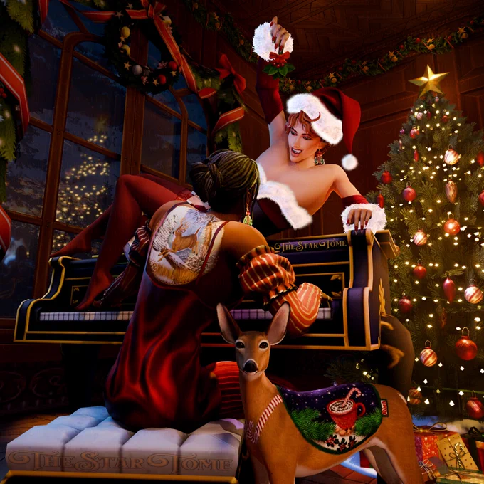 Man playing at the piano looking up at his beloved sitting on top of the piano dangling hollytoe overhead in hopes for holiday kisses whilst their endearing deer-dog made by by SimsAFire looks at the strange photographer who captured this beautiful moment.
Holiday tree lit with star topper in the background, snowy scene of a small lit town outside of the window.