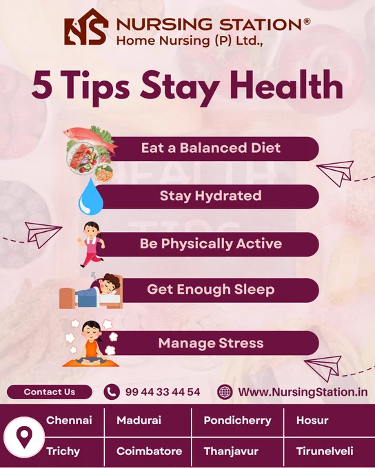 5 Tips to Stay Healthy

Consult Now:
☎️99 44 33 44 54
🌐Www.NursingStation.In
.
.
.
#nursingstation #nursing #station #homenursing #home #homecaretreatment #care #treatment #healthytips #healthyliving #healthylifestyle #health #balanceddiet #stayhydrated #physicallyactive #enoughsleep #managestress 