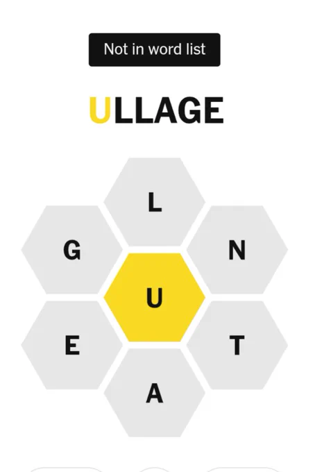 Screenshot of NYT Spelling Bee app showing ULLAGE as "Not in word list"