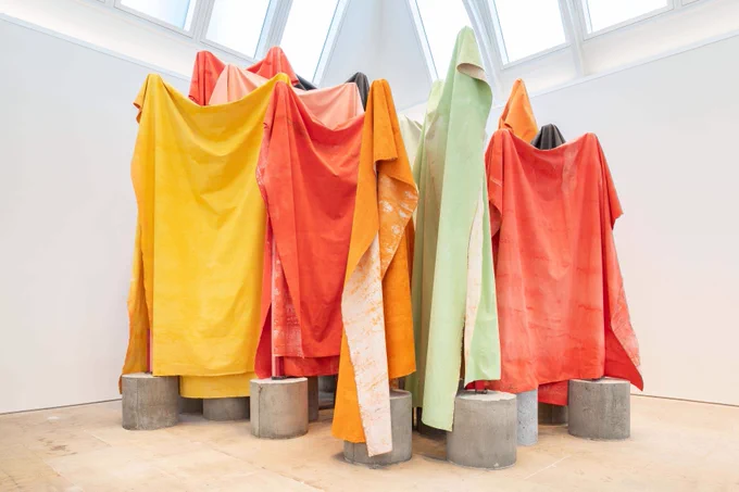 Phyllida Barlow, untitled: canvasracks; 2018-2019. Concrete, cotton-duck canvas, hardboard, paint, plastic, plywood, steel, tape, timber. Dimensions variable. Installation view, ‘Phyllida Barlow. cul-de-sac’, Royal Academy of Arts. London, UK, February 23 – June 23, 2019. © Phyllida Barlow Estate. Courtesy the Estate of Phyllida Barlow and Hauser & Wirth. Collection of Action 4 Equality Scotland. Photo: Damian Griffiths.