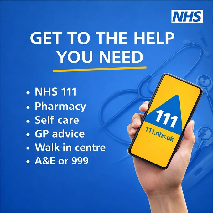 Blue NHS graphic with the headline “Get to the help you need”. A hand holds a mobile phone showing NHS 111 on screen. Text lists care options: NHS 111, pharmacy, self care, GP advice, walk-in centre, and A&E or 999. NHS logo in the top right.