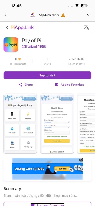 Pay Of Pi has been approved for the PiAppLink app store.

With Pay Of Pi, foreign tourists visiting Vietnam will no longer need to exchange cash. Having Pi in their wallet or topping up Pi into Pay Of Pi allows them to scan QR codes to make payments anywhere in Vietnam. I wonder if foreign tourists are already aware of this app, or are they still struggling to exchange money to travel in Vietnam?! #PaywithPi #Pinetwork  #Payofpi