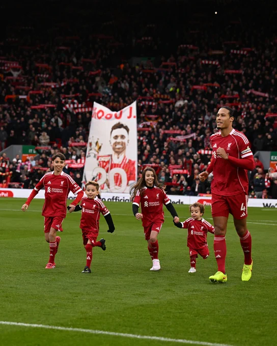 Photography of two of Diogo Jota’s children - Dinis and Duarte - as well as family members, who are mascots ahead of the match between their father’s English clubs.