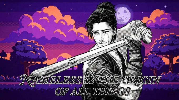A black and white halftone manga-style illustration of the protagonist from Wo Long: Fallen Dynasty, crying with tears on his cheeks while holding a sword over his shoulder. He is superimposed against a vibrant retro pixel art background depicting a purple and orange night sky with clouds, trees, and a moon. Large, elegant white script text with a black outline across the bottom reads: "NAMELESS IS THE ORIGIN OF ALL THINGS".