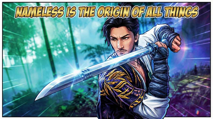 A vibrant, modern American comic book style illustration of a warrior holding a sword resting on his shoulder. The character has a melancholic expression with tears streaming down his face. The artwork features bold outlines, high-contrast shading, and highly saturated colors. The text "Nameless Is The Origin of All Things" is displayed prominently in an elegant font.
