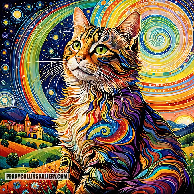 Colorful psychedelic artwork of a cat gazing at the stars, by artist Peggy Collins.