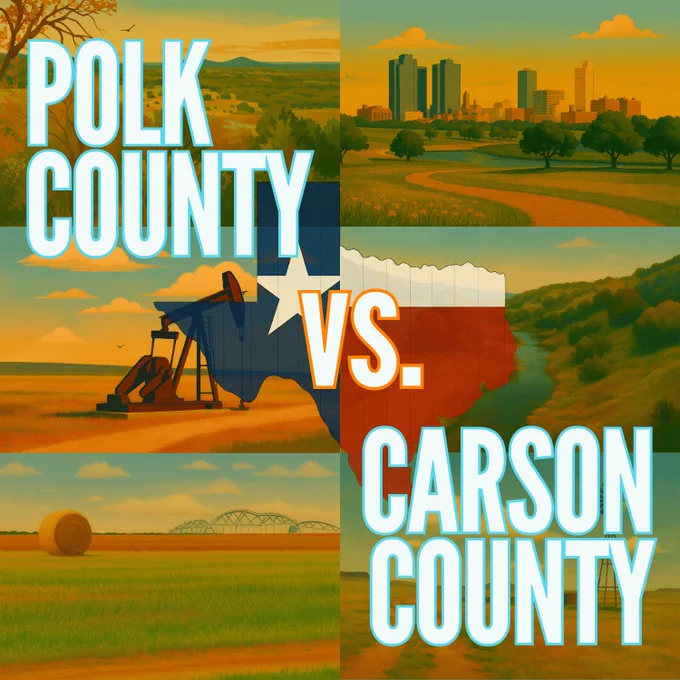 Tribal Lands & Nuclear Plains 
Today’s match-up contrasts the dense thicket of East Texas with the high-stakes horizon of the Panhandle. Polk County, home to the Alabama-Coushatta Tribe and Lake Livingston, is a place of deep woods, water, and ancient heritage. Carson County, east of Amarillo, is a center of agriculture and national defense, hosting the Pantex Plant. One is defined by its reservoir and indigenous roots; the other by its role in global security and vast wheat fields.
