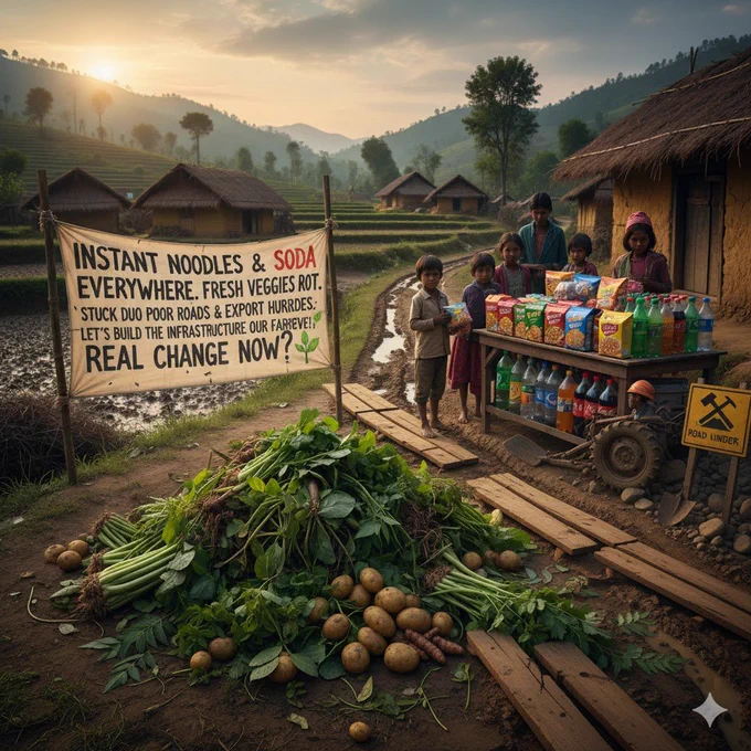We have instant noodles and soft drinks everywhere—even in the remotest villages—but our fresh veggies, herbs, potatoes, and medicinal plants rot in the fields because exporting them remains a dream. Time for real change