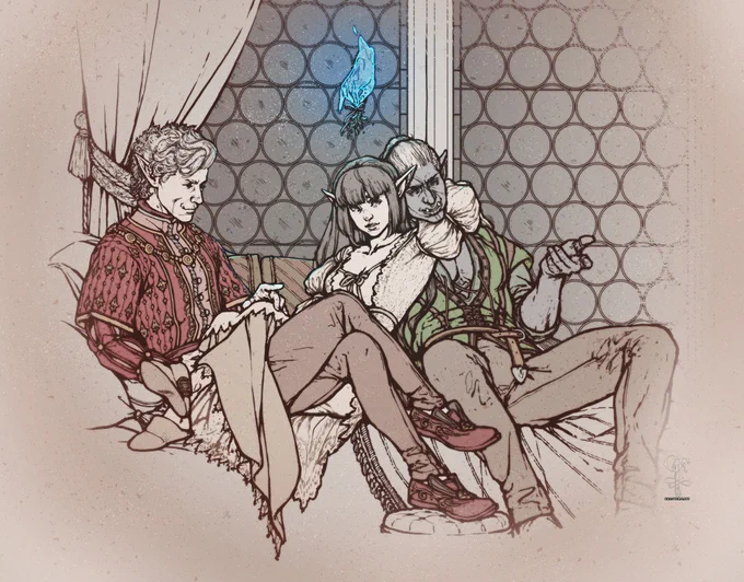 Illustration of Astarion from Baldur's Gate 3 seated on a plush couch. He wears a rich outfit with many layers, mostly reds and golds, and his left hand is positioned as if he is controlling a magic effect. A female elf is draped across his lap. She wears a flowing, layered dress in pale gold and ivory with lace underskirt and overlay and puffy, gathered sleeves. She leans against a half-orc man on the edge of the couch. He wears study trousers and his shirt and vest plunge low, revealing his muscular chest. A circular-paned window behind them reflects the blue light of a mage hand holding a sprig of mistletoe wrapped with a red ribbon. It has a moderate sepia tone and dust speckle overlay.