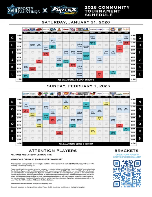 Schedule for Vortex Gallery × Frosty Faustings XVIII across Saturday & Sunday.
See https://vortexgallery.moe/schedule for more