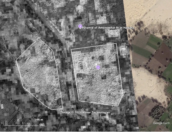 Space-based ground penetrating synthetic aperture radar (SAR) imaging of what could be an enormous underground structure at Hawara, possibly the below-ground portion of the Labyrinth first described by Herodotus in the fifth century BCE is presented. Cross-sensor analysis of co-registered radar and optical imagery reveals uncorrelated SAR returns on both sides of the Abdul Wahbi canal south of the Pyramid of Amenemhet III that could be the remains of an ancient settlement built from and over the Labyrinth, which was uncovered when the canal was built, as well as evidence of the Labyrinth itself.