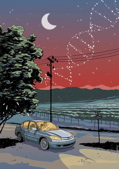 An illustration of Kary Mullis' nighttime drive.