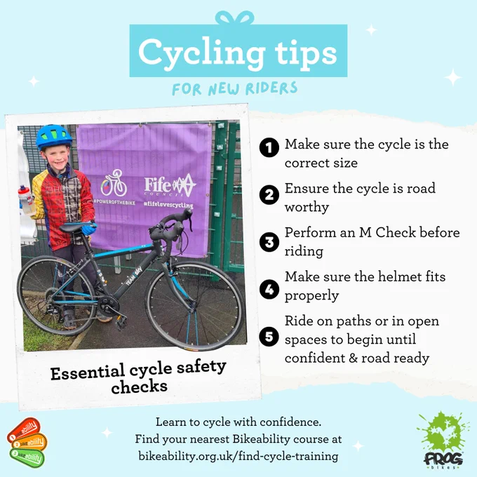 New cyclist wearing a helmet stands next to a road bike with a banner promoting essential cycle safety checks in the background.