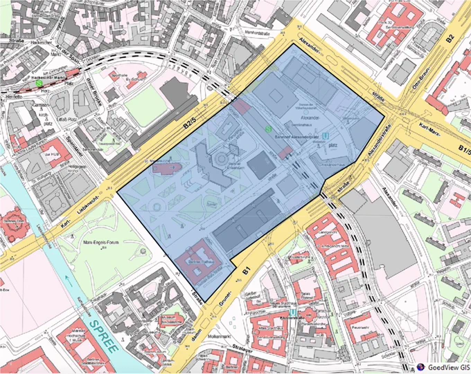 Markierter Kartenbereich für den Pyrotechnikverbotsbereich Alexanderplatz