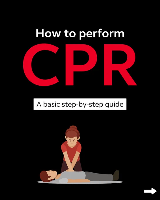 'How to perform CPR' featuring an illustration of one person administering CPR to another who is lying on the ground.