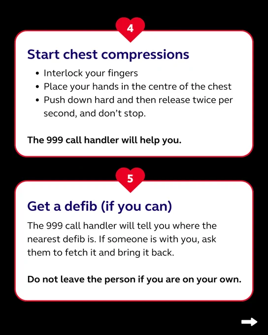 4. Start chest compressions, the 999 call handler will help you. 5. Get a defib (if you can). The 999 call handler will tell you where the closest one is. If you are alone, do not leave to go get a defib.