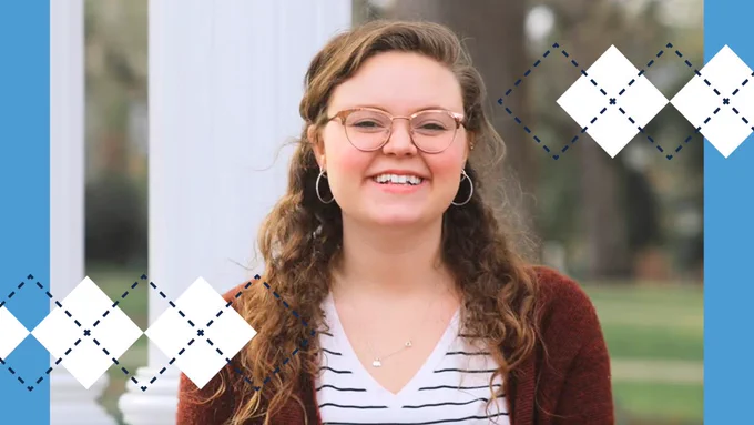 Headshot of Savannah Patterson at the Old Well on a decorative Carolina background.