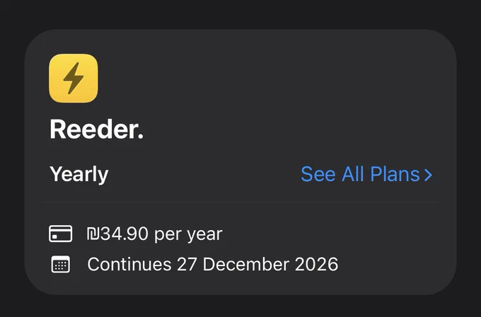A screenshot of the yearly subscription to Reeder Plus.