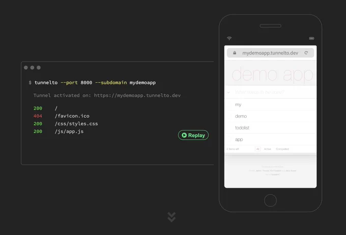 
 tunnelto --port 8000 --subdomain mydemoapp
Tunnel activated on: https://mydemoapp.tunnelto.dev
200 /
404 /favicon.ico
200 /css/styles.css
200 /js/app.js