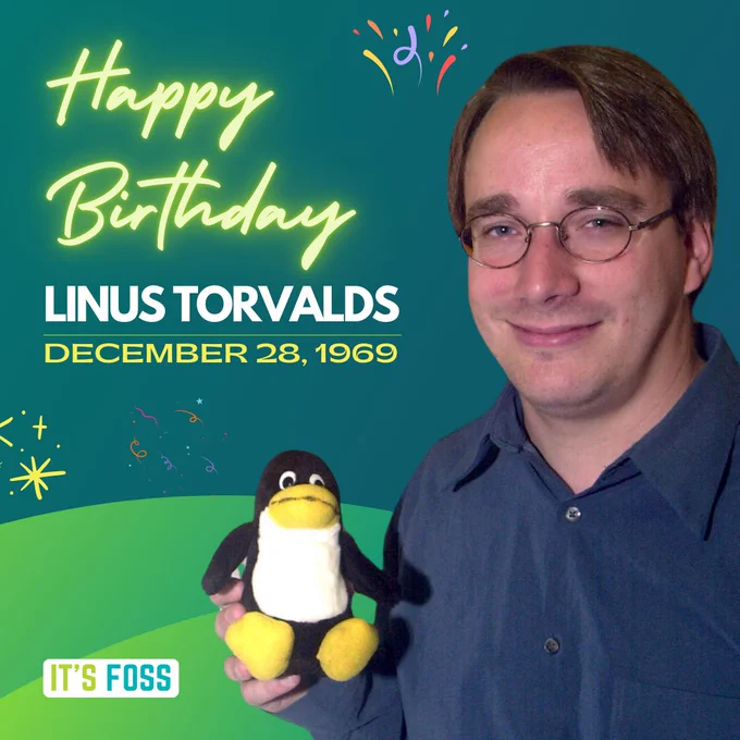 Happy Birthday Linux Torvalds

December 28, 1969

There is a picture of Linux Torvalds on the right with a smile on his face and a Tux plushie in his right hand.