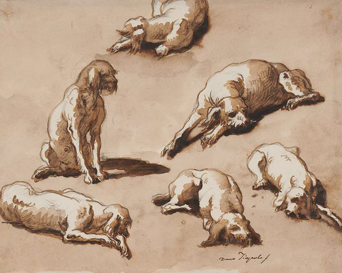 A page with six sketches of a dog in different positions