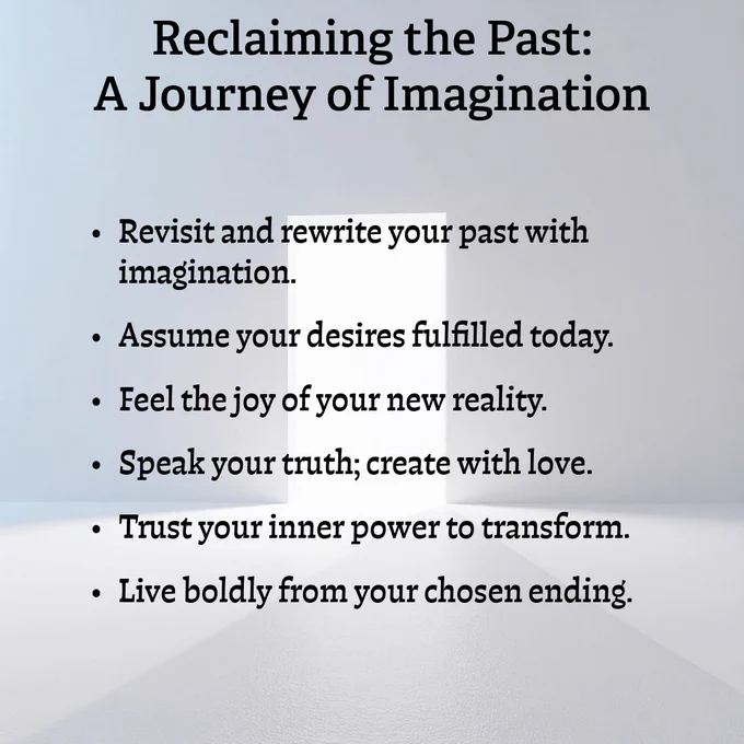 Reclaiming the Past: A Journey of Imagination
Revisit and rewrite your past with imagination.
Assume your desires fulfilled today.
Feel the joy of your new reality.
Speak your truth; create with love.
Trust your inner power to transform.
Live boldly from your chosen ending.