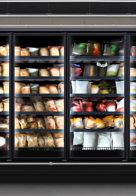 Supermarket freezer filled with assorted frozen food products in sealed bags, neatly arranged across multiple shelves behind glass doors in a modern retail environment.

https://stock.adobe.com/contributor/211338080/Whatson

#supermarket #freezer #frozenfood #retaildisplay #grocery #foodstorage #coldstorage #modernstore #glassdoorfreezer #convenience #retailinterior #frozengoods