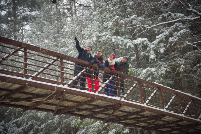 Four people on a bridge in a snowy forest.