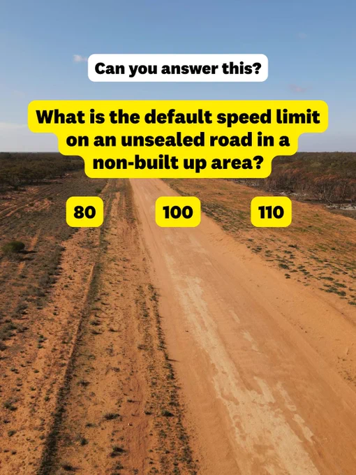 Quiz graphic over an aerial view of a dirt road in a dry, open landscape, asking 'What is the speed limit on an unsealed road in a non-built up area?' with options 80, 100, and 110.