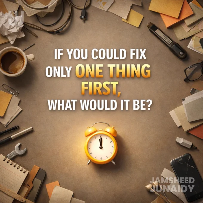 Marketing strategy concept image by Jamsheed Junaidy of Firstclusive Branding & Marketing showing a desk layout with business tools and a clock, highlighting the question “If you could fix only one thing first, what would it be?” representing business priorities, decision making, marketing clarity and growth strategy.