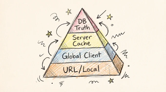 Hand‑drawn layered pyramid labeled DB Truth, Server Cache, Global Client, and URL/Local with arrows and doodles illustrating state hierarchy.